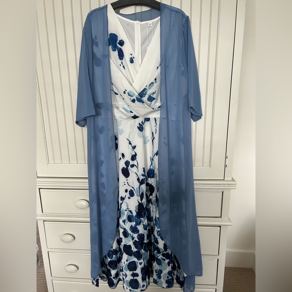 Elegant Blue Floral Dress with Blue Chiffon Short Sleeve Coat